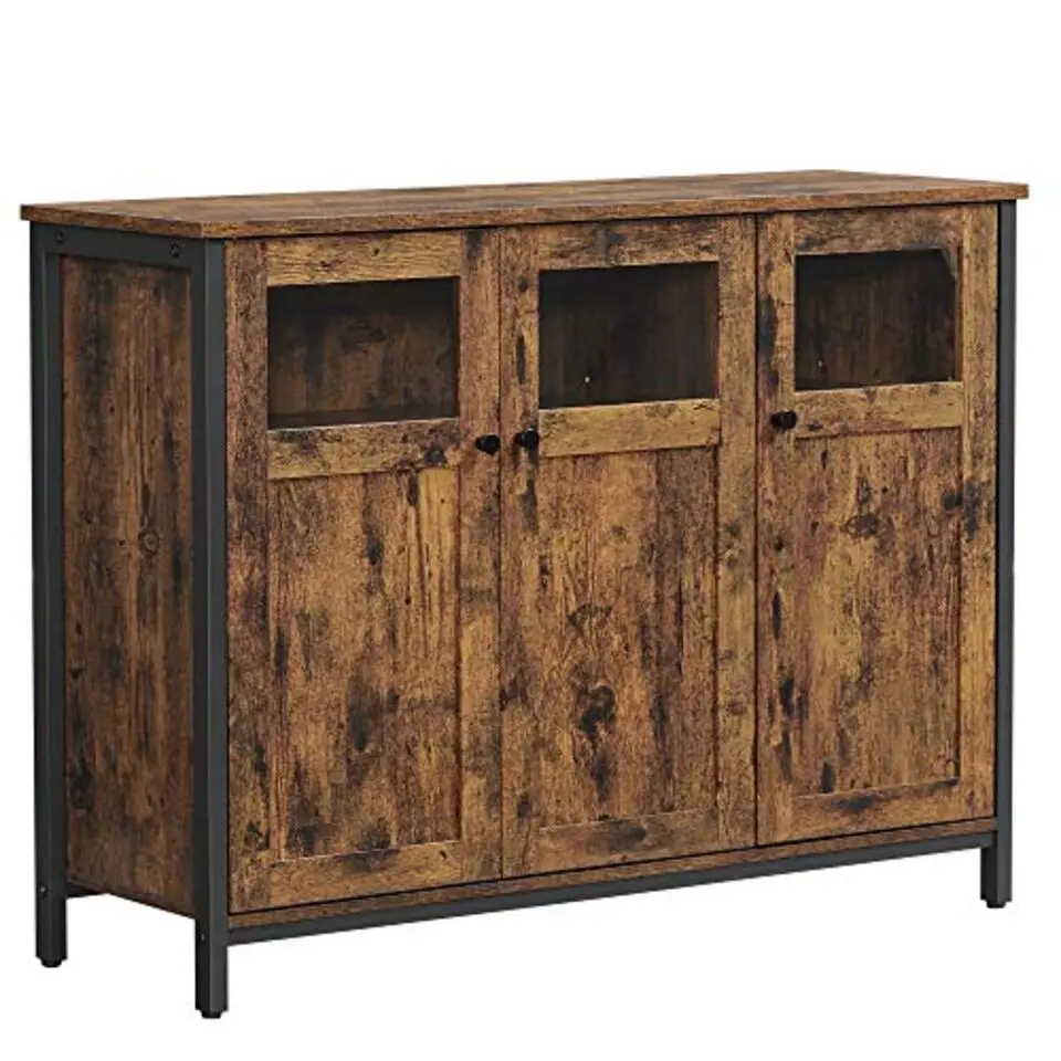 Vasagle Dressoir in industriële stijl met glazen deuren, rustiek bruin en zwart