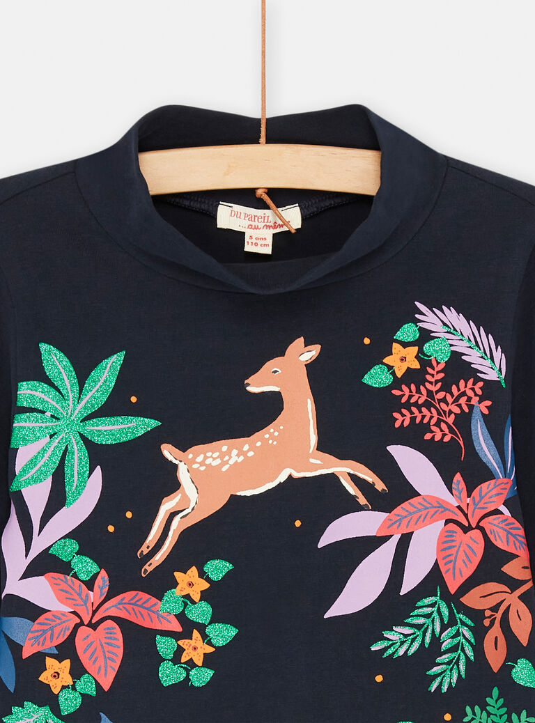 Sous-pull noirine à motifs fleurs et biche pour fille