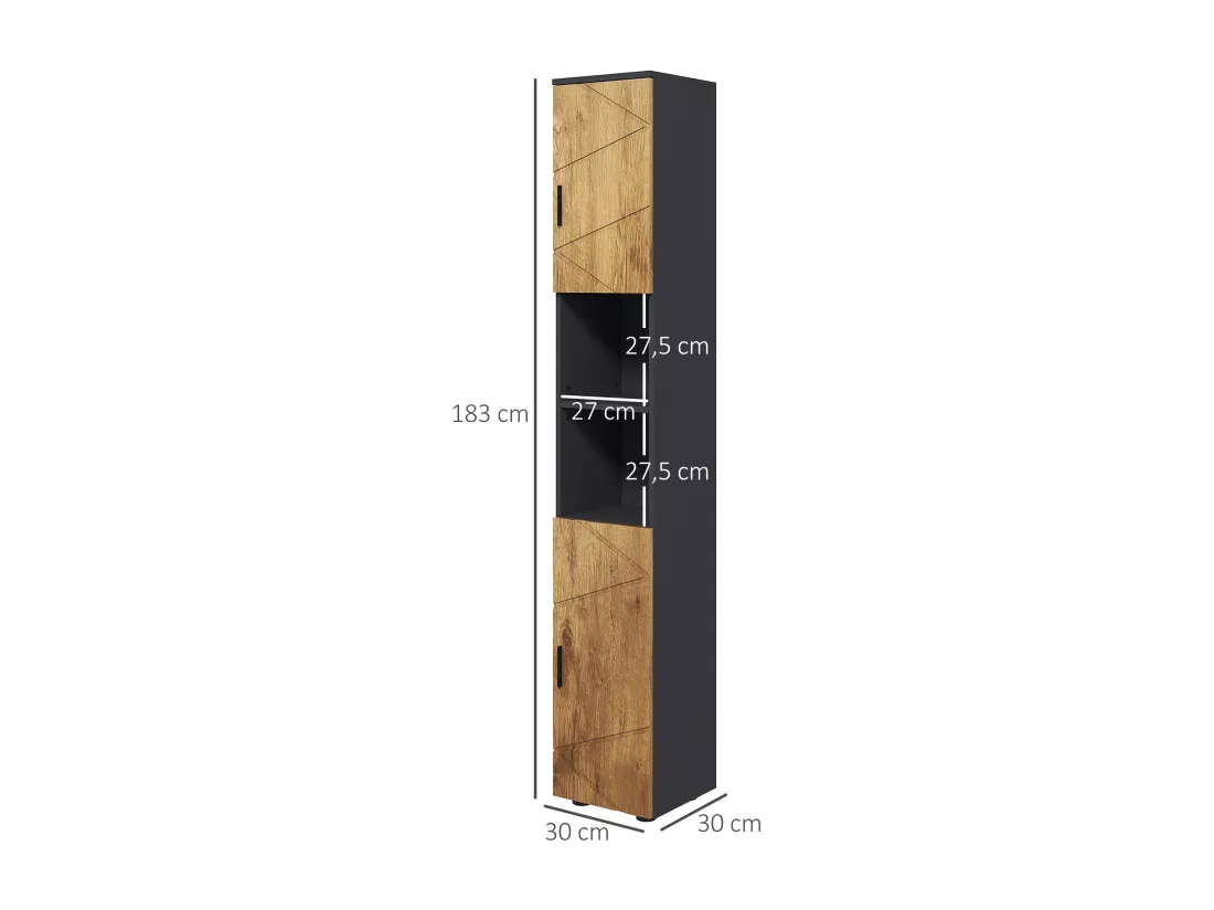 Meuble colonne rangement salle de bain style cosy 2 portes 2 étagères 2 niches anthracite aspect bois