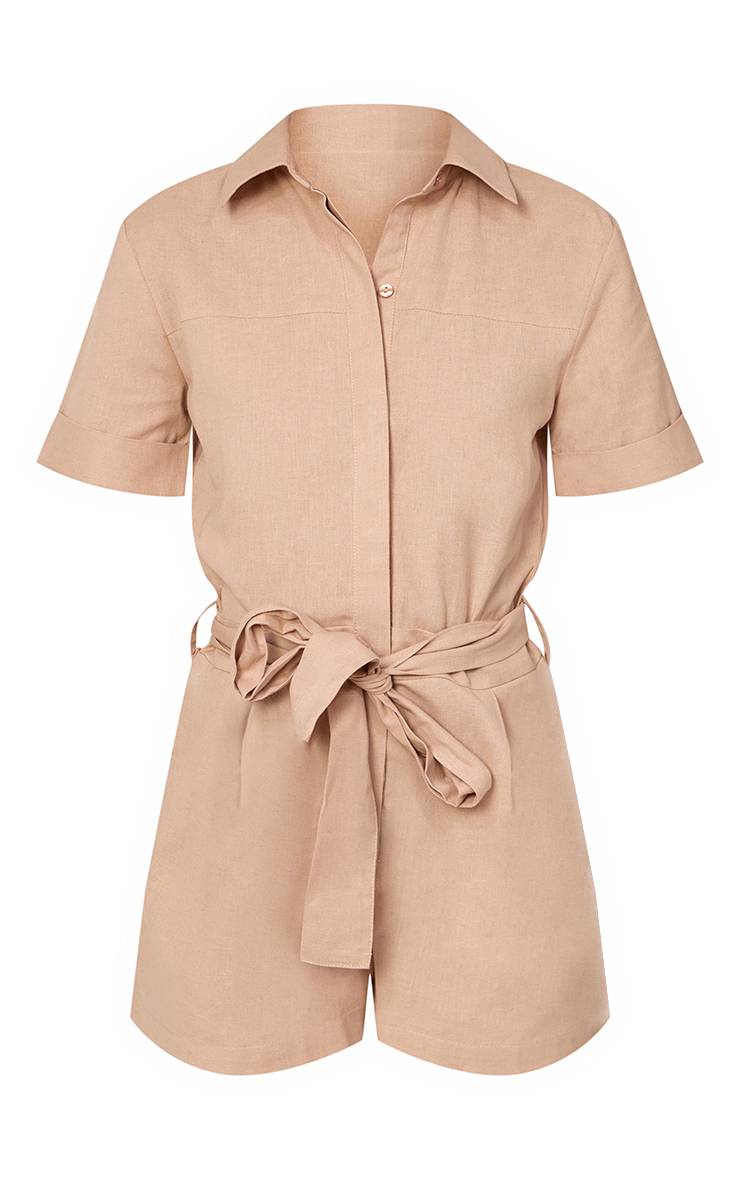 Taupe Combi-short Cargo Aspect Lin Avec Ceinture À Nouer À La Taille