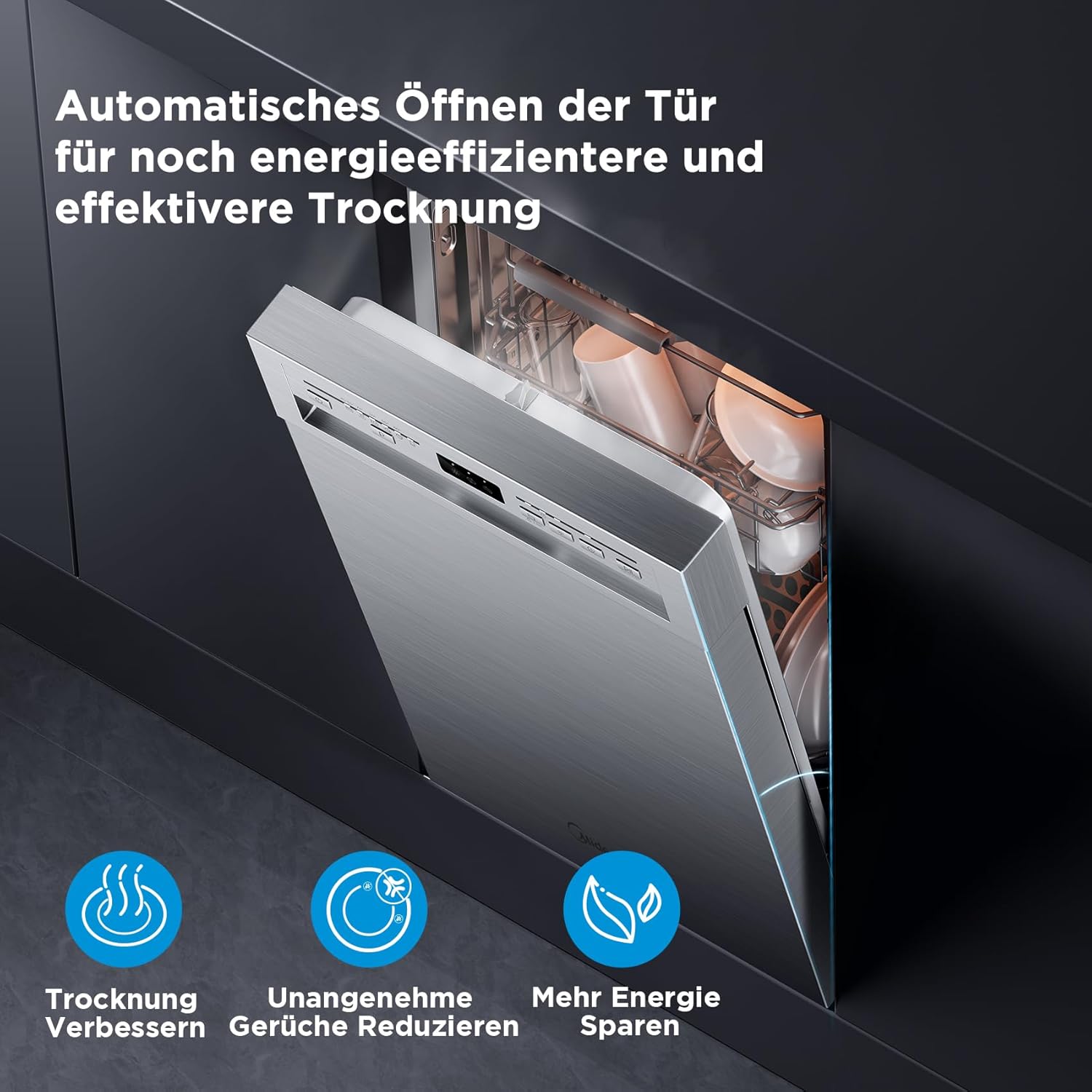 Midea MDWEU1036WSS Geschirrspüler 45cm Unterbau, 10 MGD, 44 dB, Spülmaschine 45 cm Teilintegrierbar, Home Connect, AutoOpen dry, Startverzögerung, 7 Programme, Hygienepflege+, Maschinenpflege+