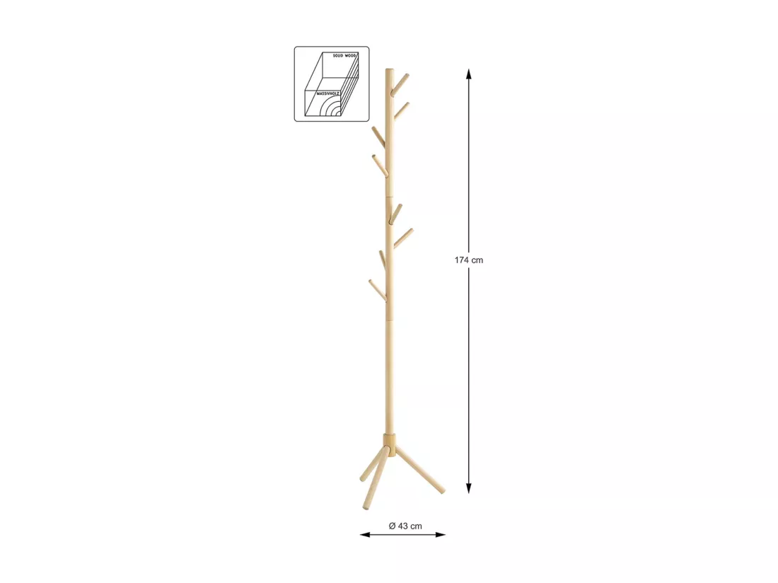 Porte-manteau avec 8 crochets en bois massif coloris naturel - diamètre 43 x hauteur 174 cm