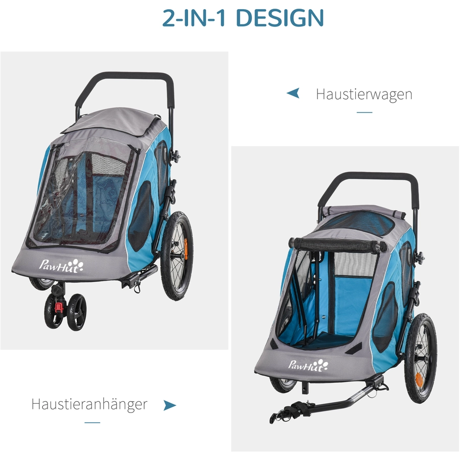 PawHut Fahrradanhänger für Hunde blau, grau, schwarz