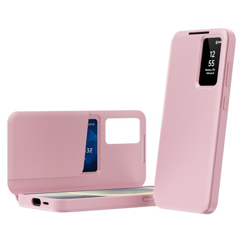 Samsung Galaxy S25 Ultra Leder Hülle Small Window View Flip Case Litchi Look- Rosa