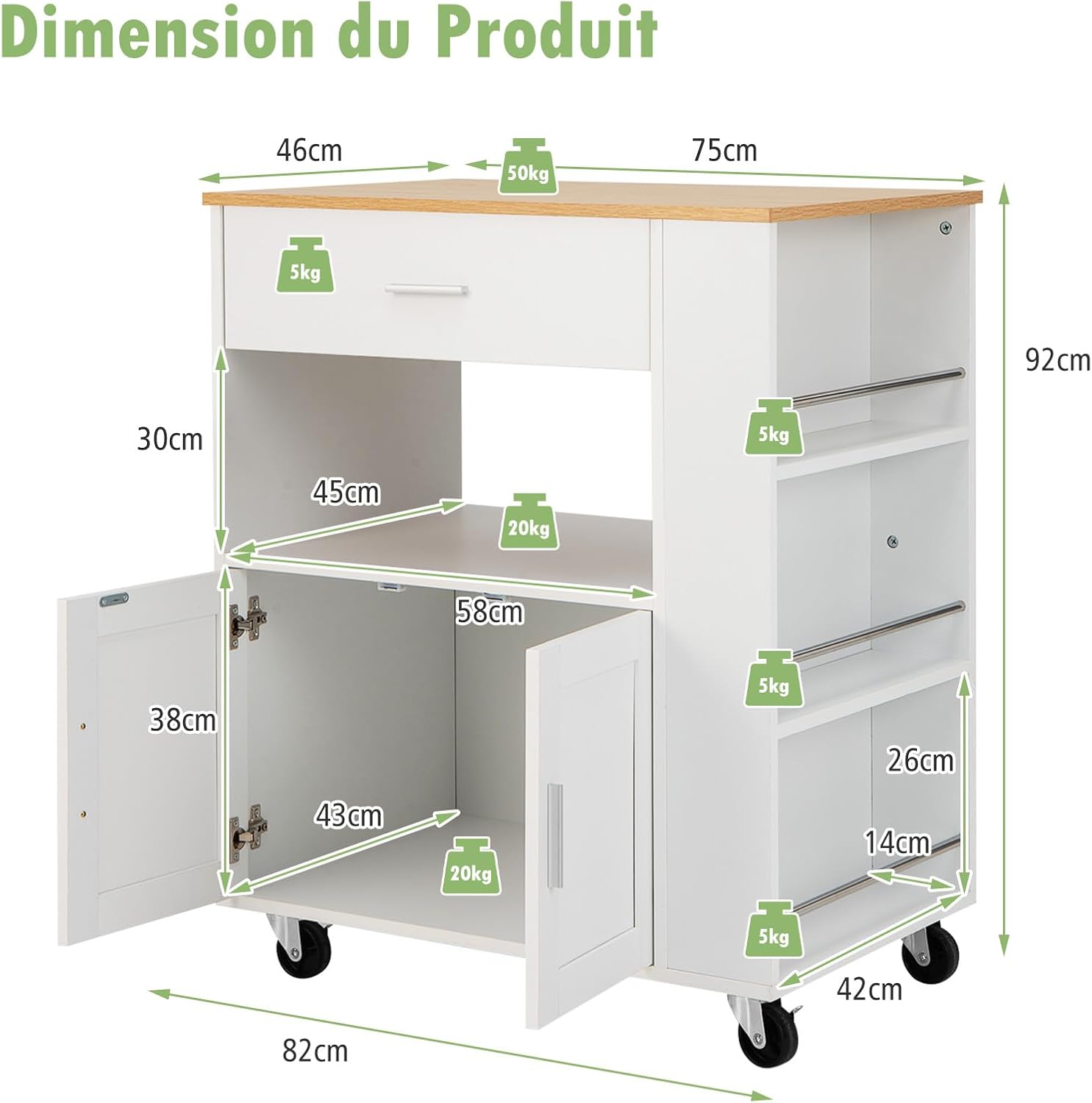 GIANTEX Desserte de Cuisine à roulettes, Chariot de Rangement avec Compartiment Ouvert pour Micro-Ondes, Tiroir, Placard avec 2 Portes, Porte-Épices à 3 Niveaux, Blanc IV5272882