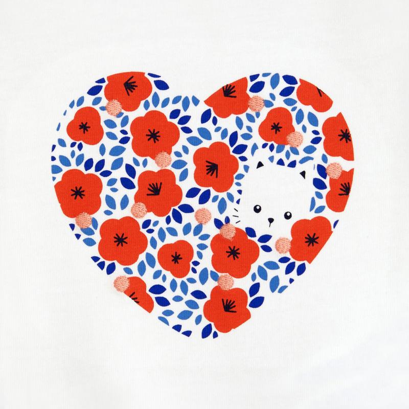 T-shirt cœur coquelicots chat blanc bébé fille Blanc