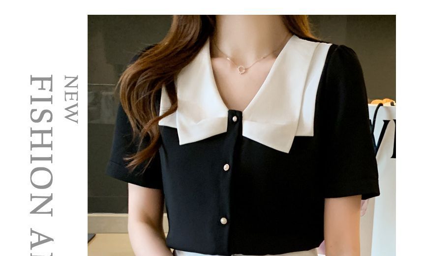 Dragan Pulse - Blouse met korte mouwen en contrastkraag van chiffon