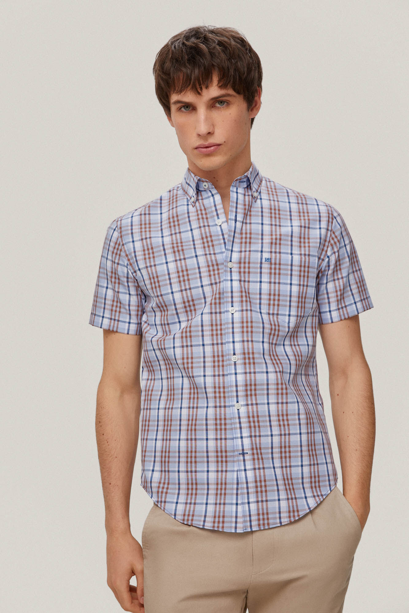 Camisa xadrez de manga curta que não precisa passar - Azul