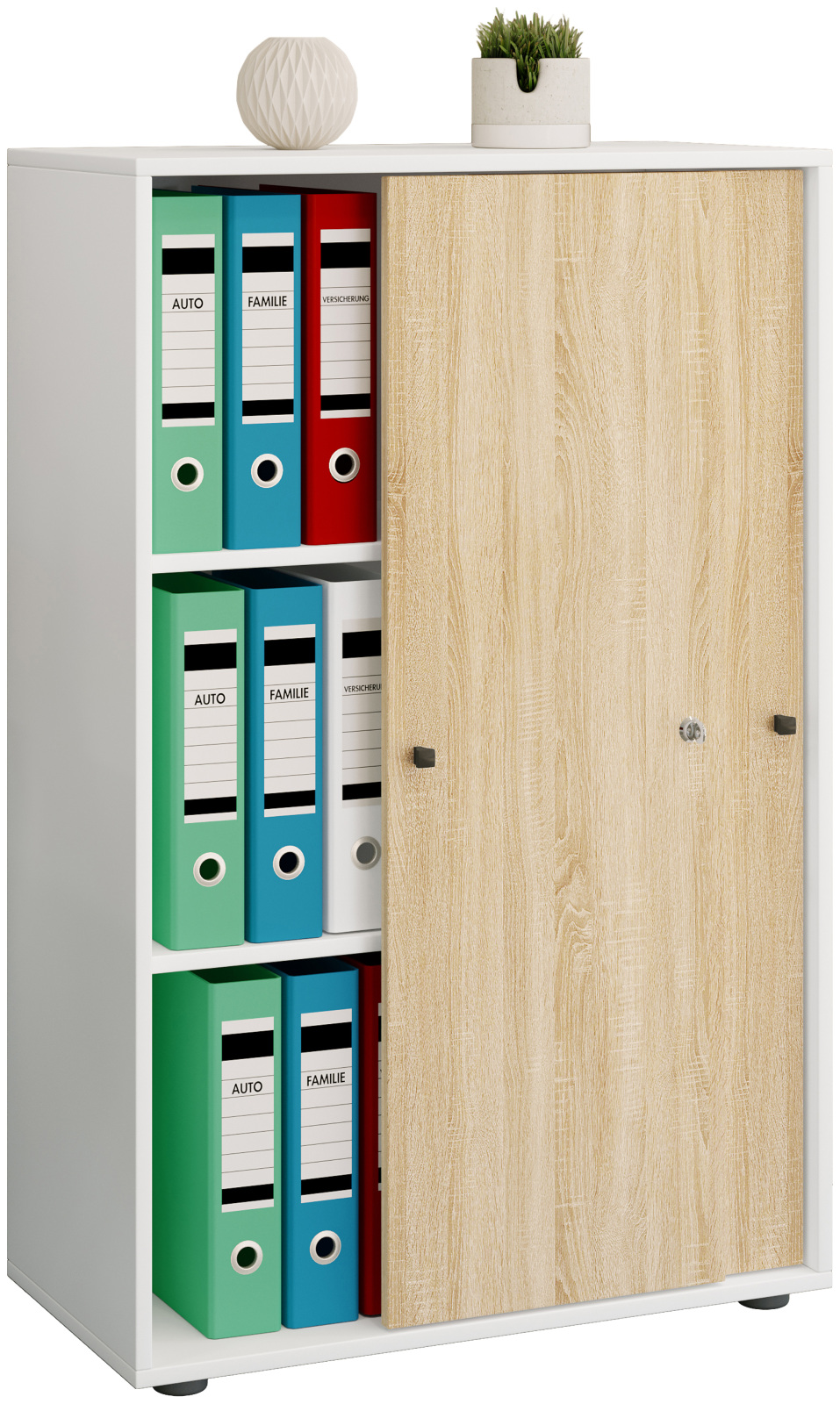 Büroschrank LONA XL - Sonoma Eiche - weiß - mit Schiebetüren - 110 cm hoch