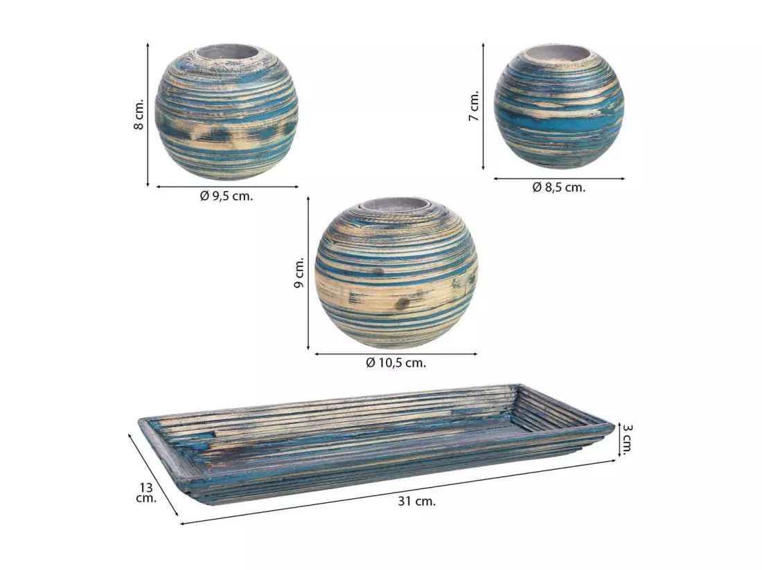 Ensemble plateau et 3 bougeoirs en bois de bambou bleu 33x13x3h cm