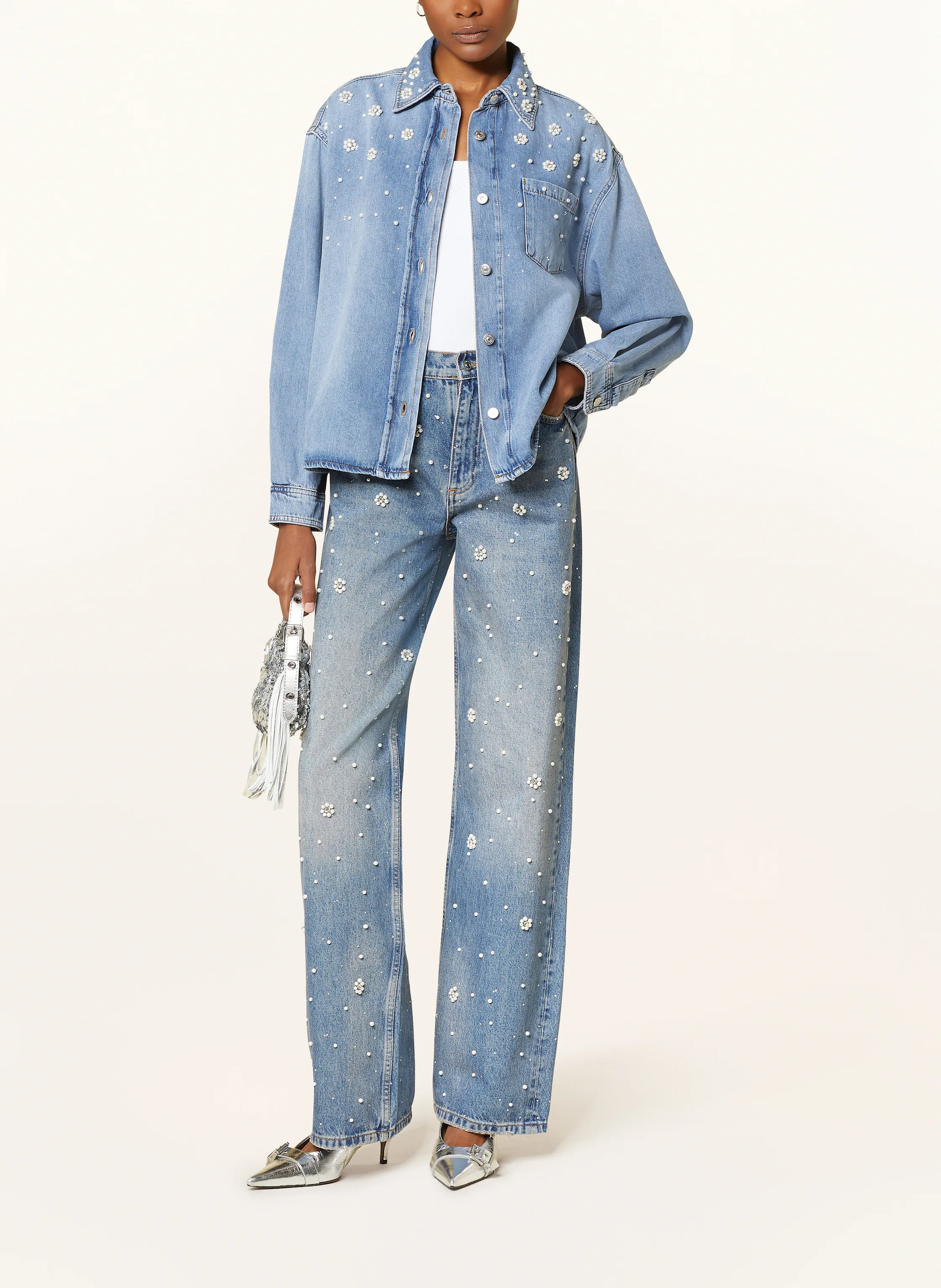 maje Jeansbluse mit Schmuckperlen