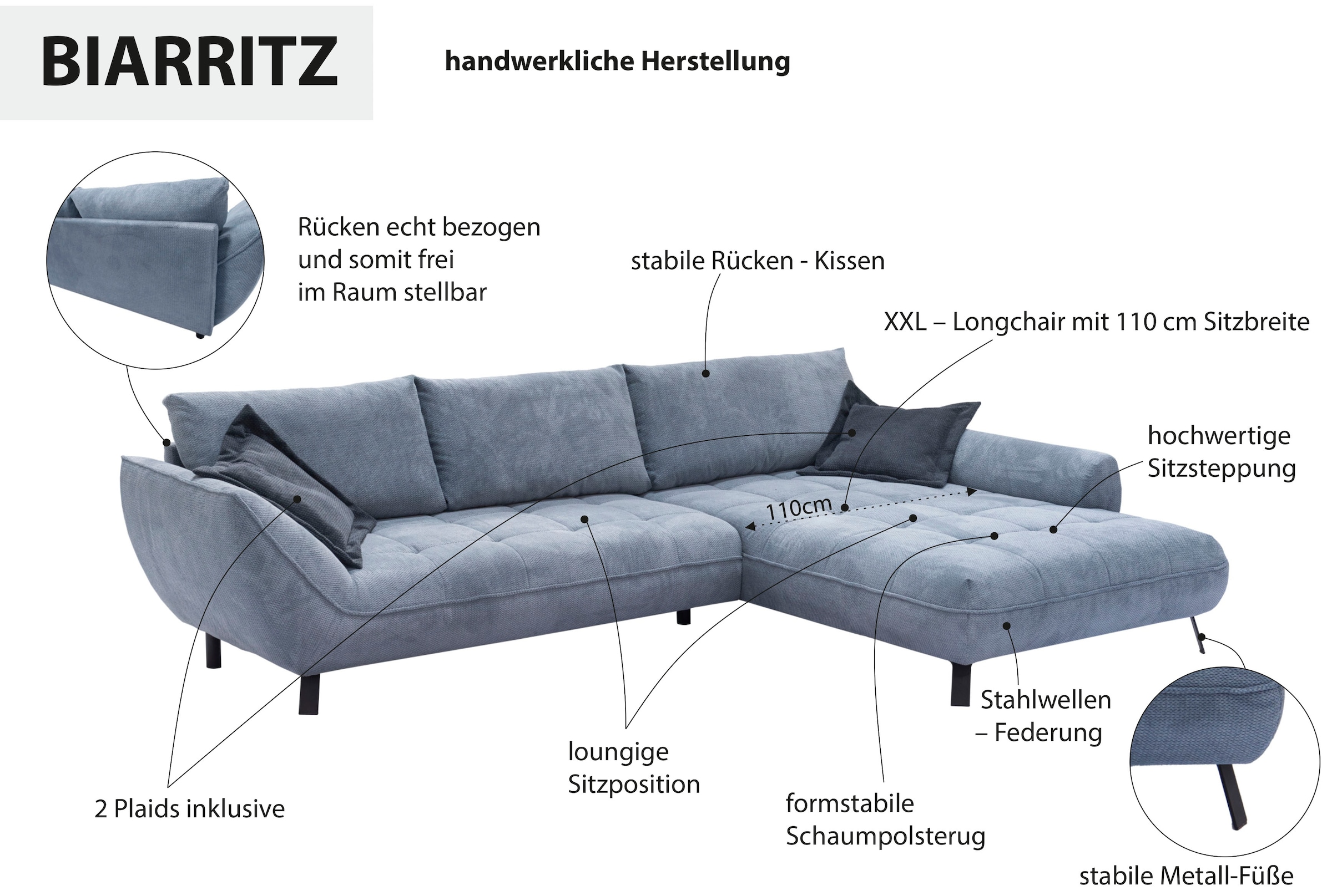 exxpo - sofa fashion Ecksofa »Biarritz modern und elegantes Mega Sofa mit tollem Sitzkomfort, L-Form« XXL– Longchair Ecke in hochwertiger Verarbeitung, Stellmasse 324x203 cm