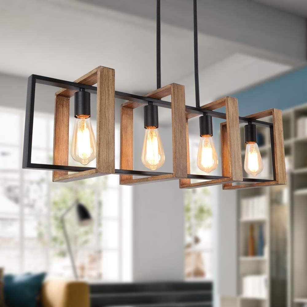 Kitchen Island Lighting,Hängeleuchte Esstisch 4-Flammige,Industrial Pendelleuchte Für Kücheninseln,Moderne Esstisch Pendelleuchte,Holz Und Matt Schwarzes Metall Lampe Esstisch E27 (4 Köpfe, Holz)