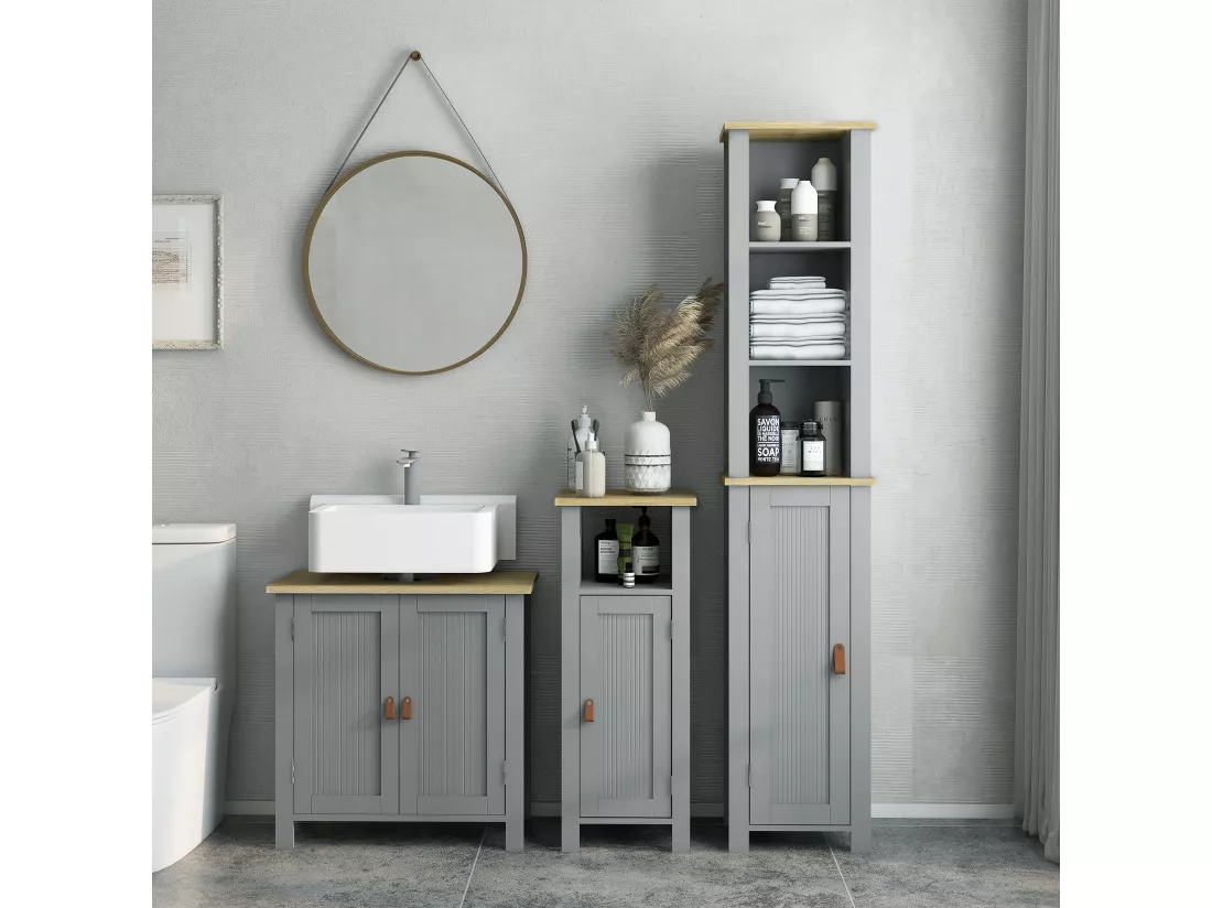 Meuble colonne rangement de salle de bain sur pied porte 2 étagères 3 niches aspect bois clair gris