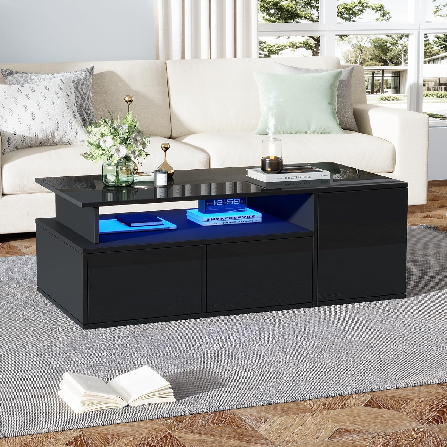 BTM Couchtisch mit LED und Stauraum 100x50x35cm 60kg Tragkraft, 2 Schubladen und 3 Seitfächer App Steuerung, Schwarz Hochglanz