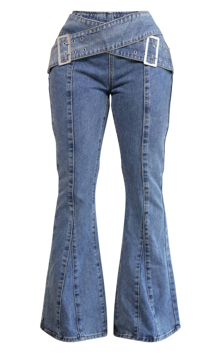 Bleu Jean Évasé En Denim Délavé Avec Ceinture Shape