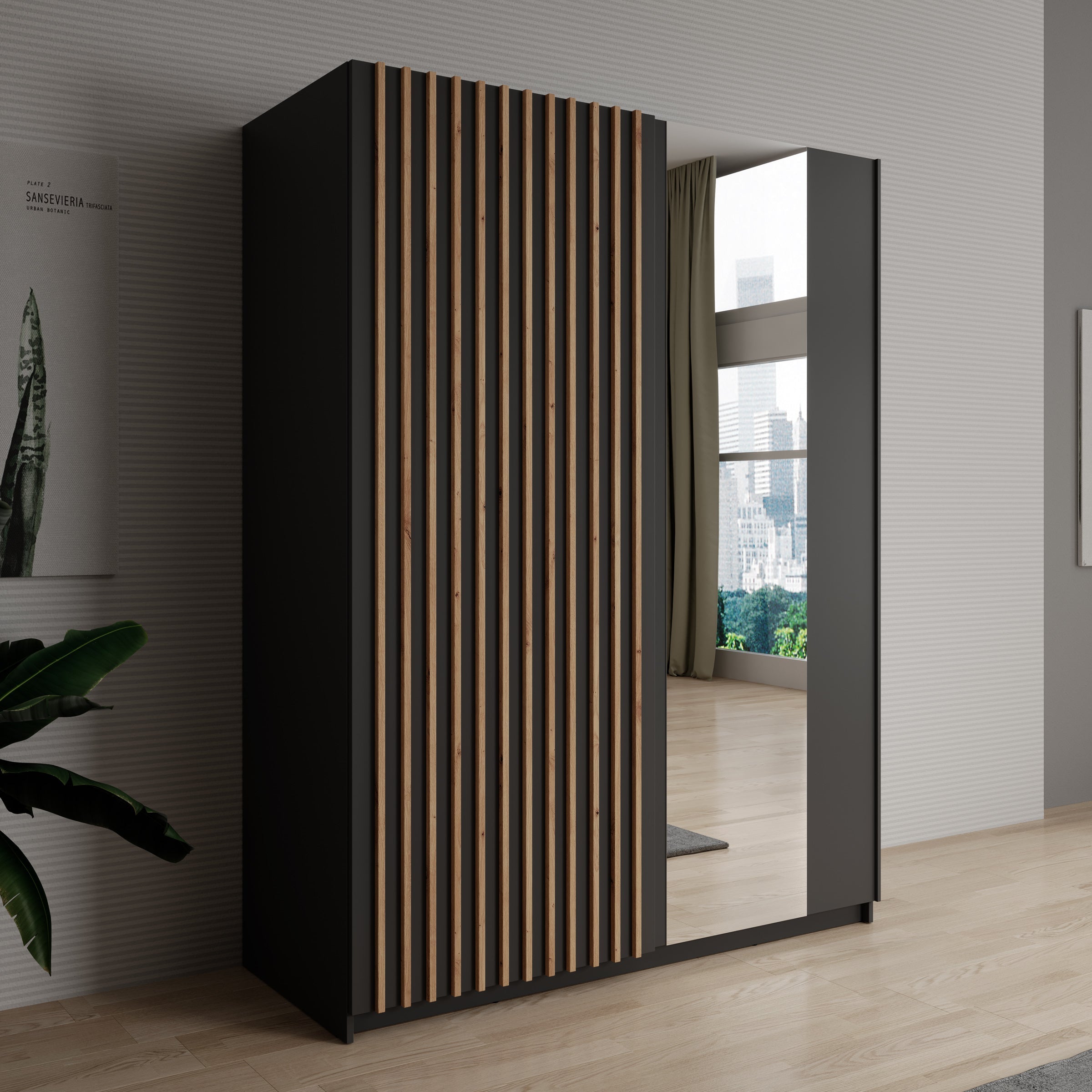 Meubella - Kledingkast Deliryon - Zwart - 150 cm - Met spiegel