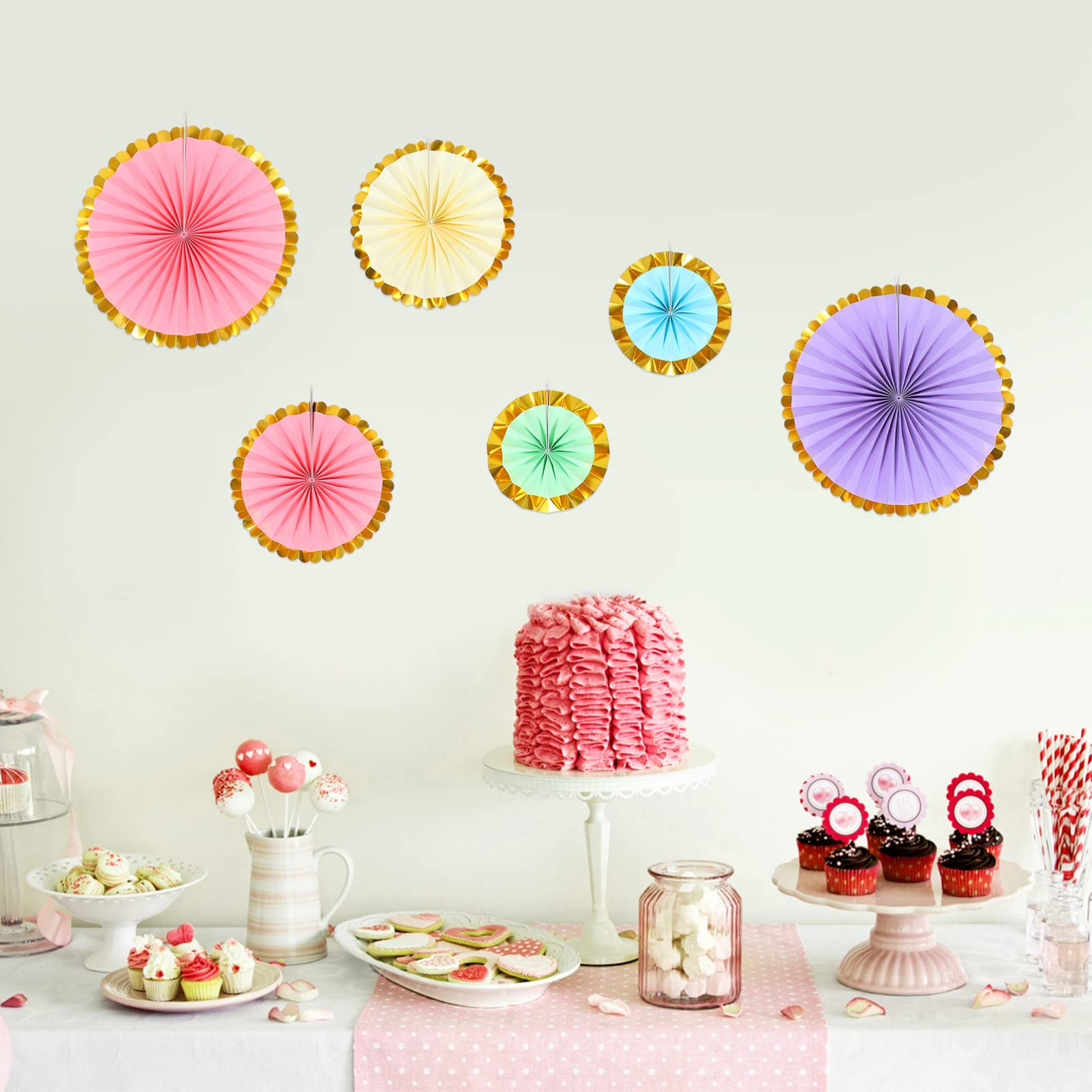 (6er Set) Papier Fächer Deko Rosetten Party / Geburtstag / Hochzeit - Grün / Rosa / Violett / Blau / Gold
