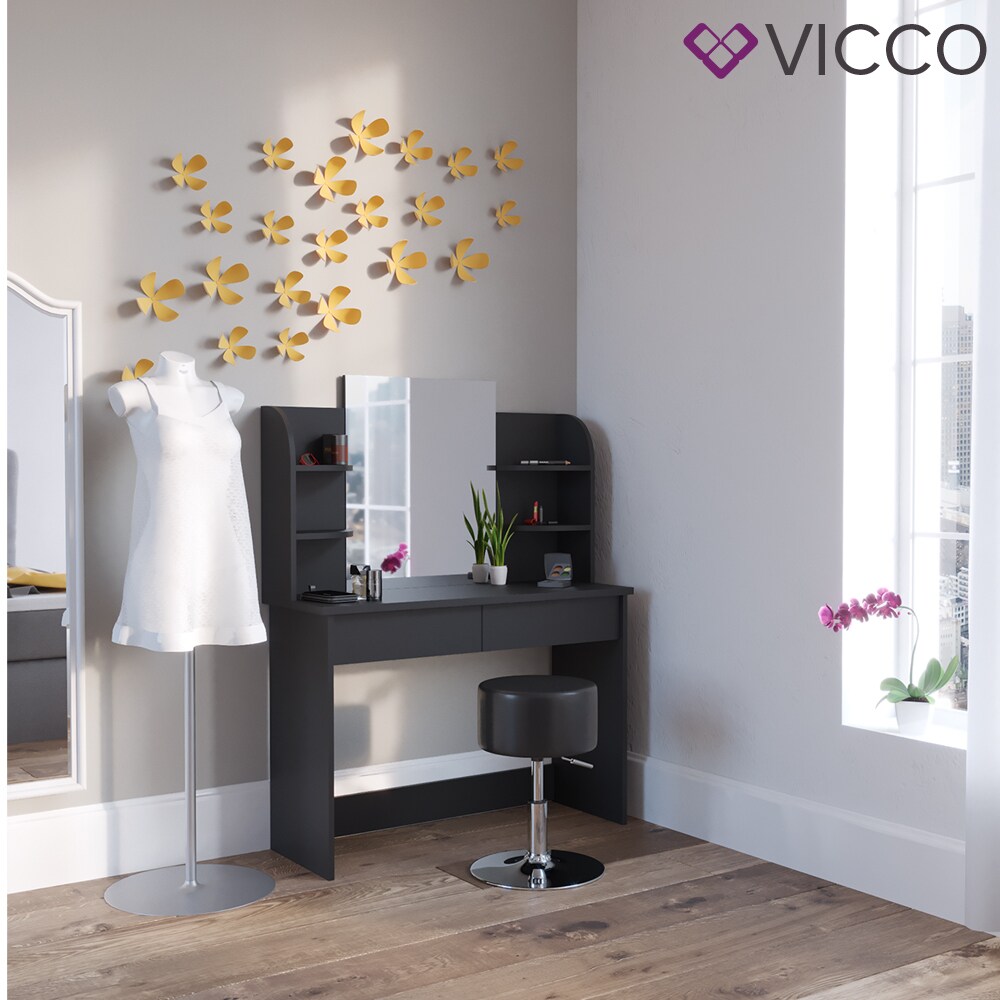 Vicco Schminktisch Charlotte Frisiertisch Kommode Frisierkommode Spiegel Schwarz inklusive Hocker