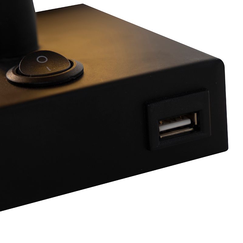 Wandlamp zwart met USB en vierkante zwarte kap - Combi 1