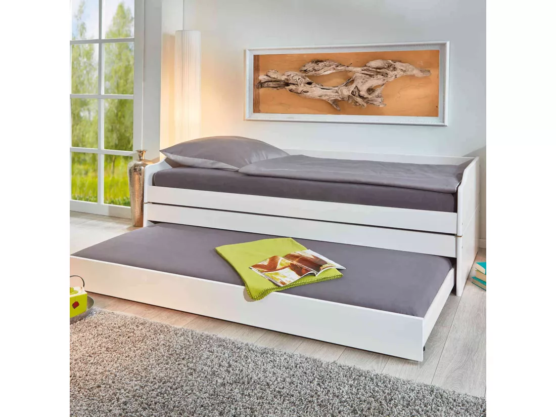 Lit gigogne 3 couchages en bois massif blanc laqué 90x200 - LT12015