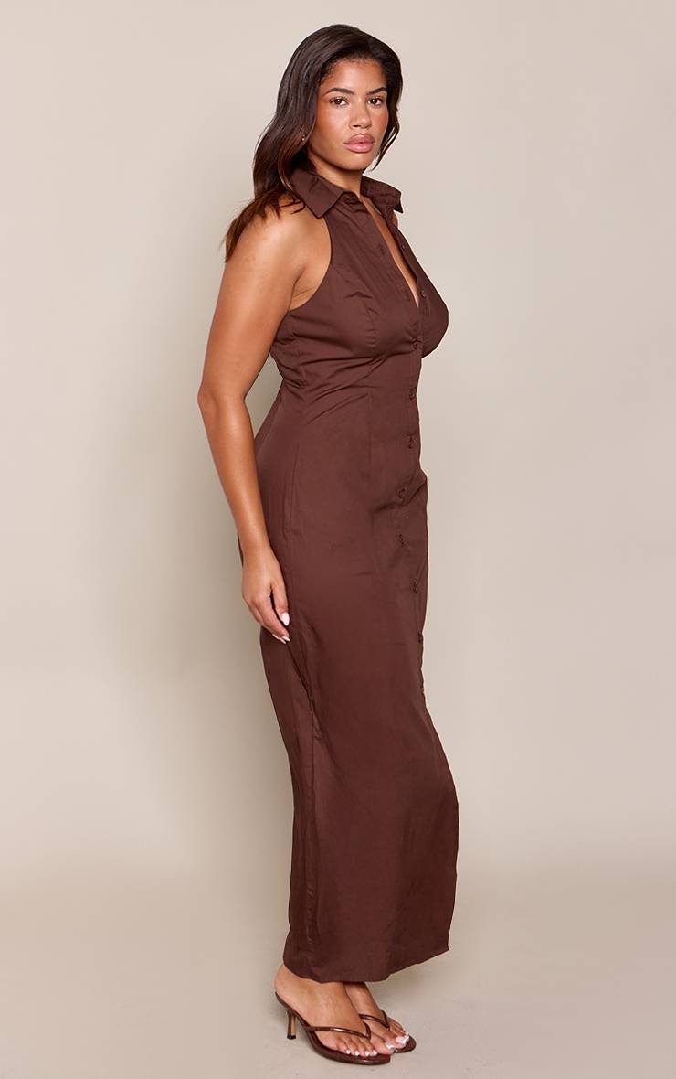 Chocolat Robe Maxi Cintrée Sans Manches À Col Chemise Et Boutonnage
