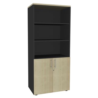 Bibliothèque IDRA/DUAL avec 2 portes basses - L80 x H180 x P47 - Corps anthracite - Portes et dessus imitation Erable