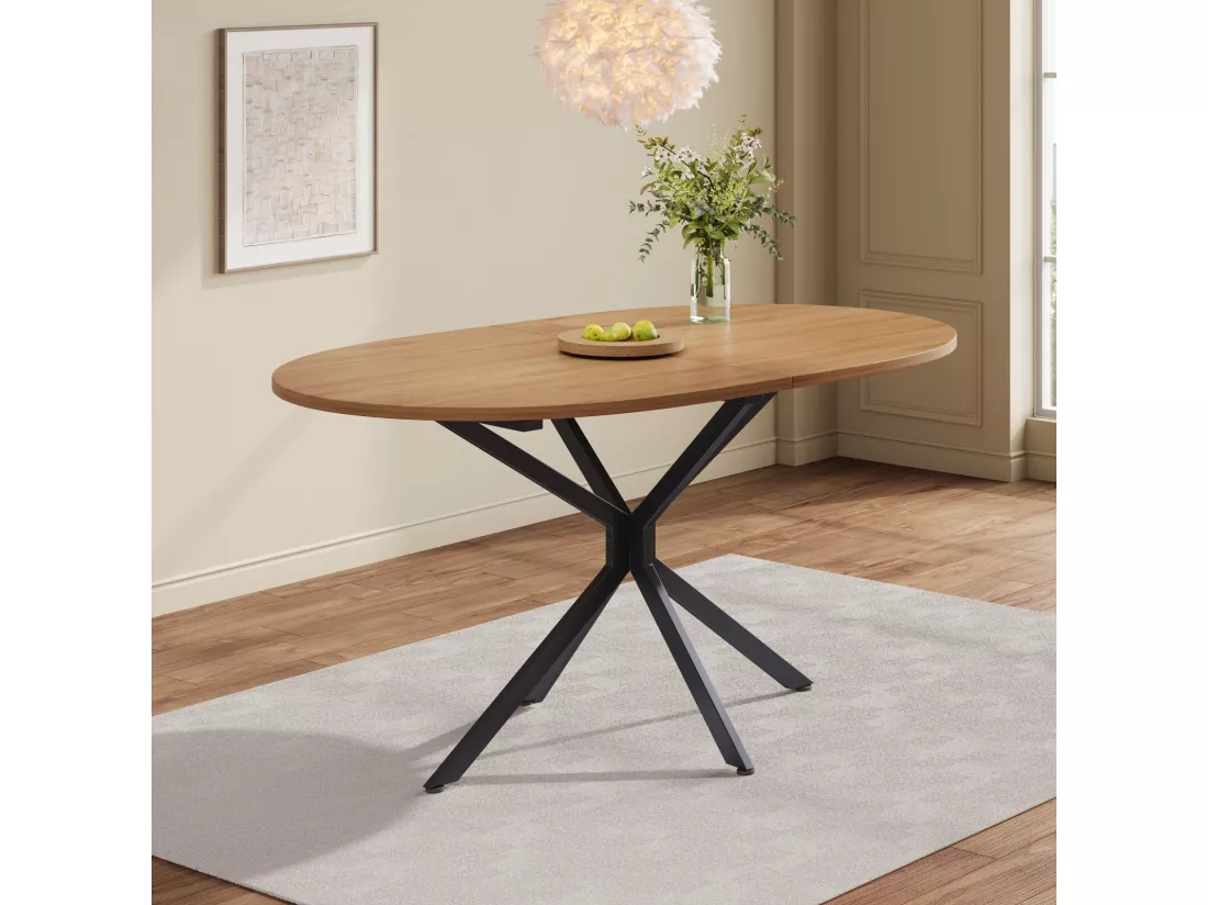 Table à manger ovale 4 à 6 personnes - en MDF et métal - Naturel et noir - Table fixe - 120x80x75.5cm