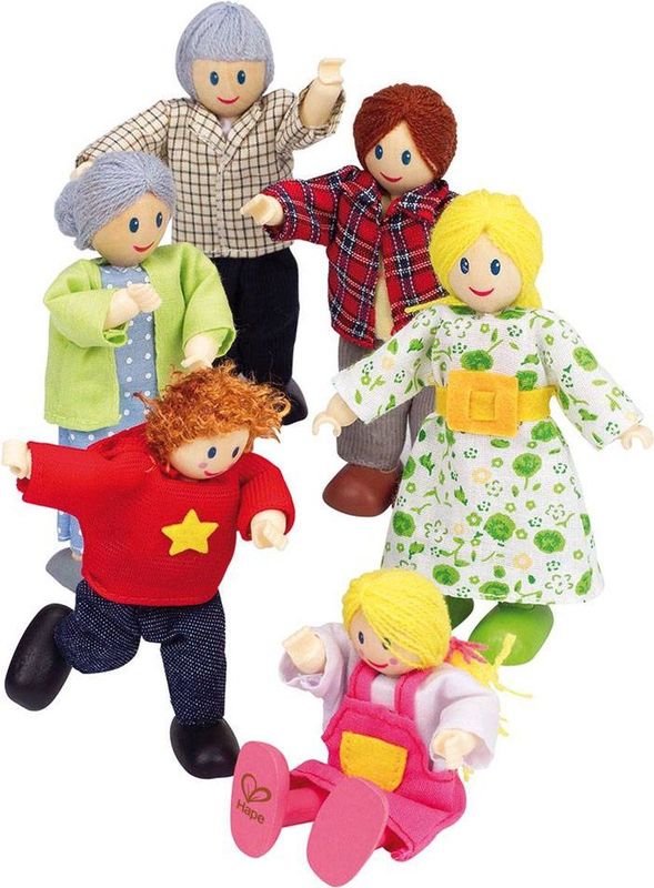 Hape - Familie van 6 Houten Poppen - Veelkleurig - FSC Hout - Beweegbare Armen en Benen