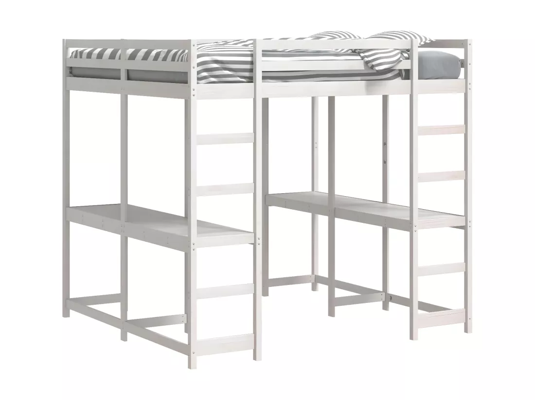 Lit superposé et bureau et échelle 180x200cm bois de pin massif