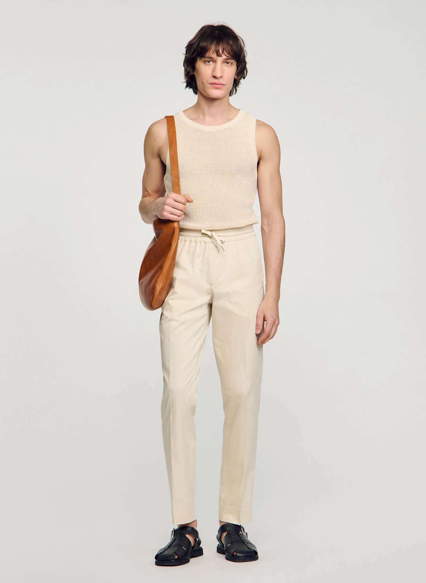 Pantalon chino avec cordon en coton mélangé| Beige