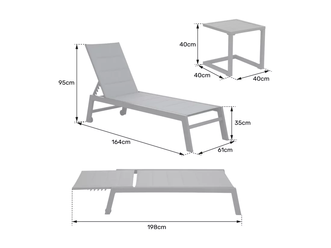 Set bain de soleil et table d'appoint BARBADOS en textilène gris - aluminium gris anthracite - HAPPY GARDEN