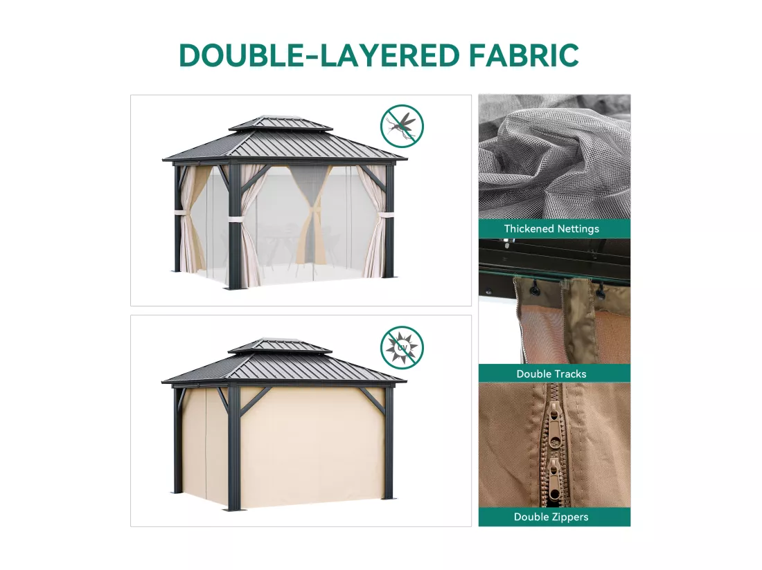 YITAHOME Pavillon de Jardin - en fer - 3 x 3.65m - avec Filet et Rideaux - Tente d'Extérieur - pour Patio - Noir