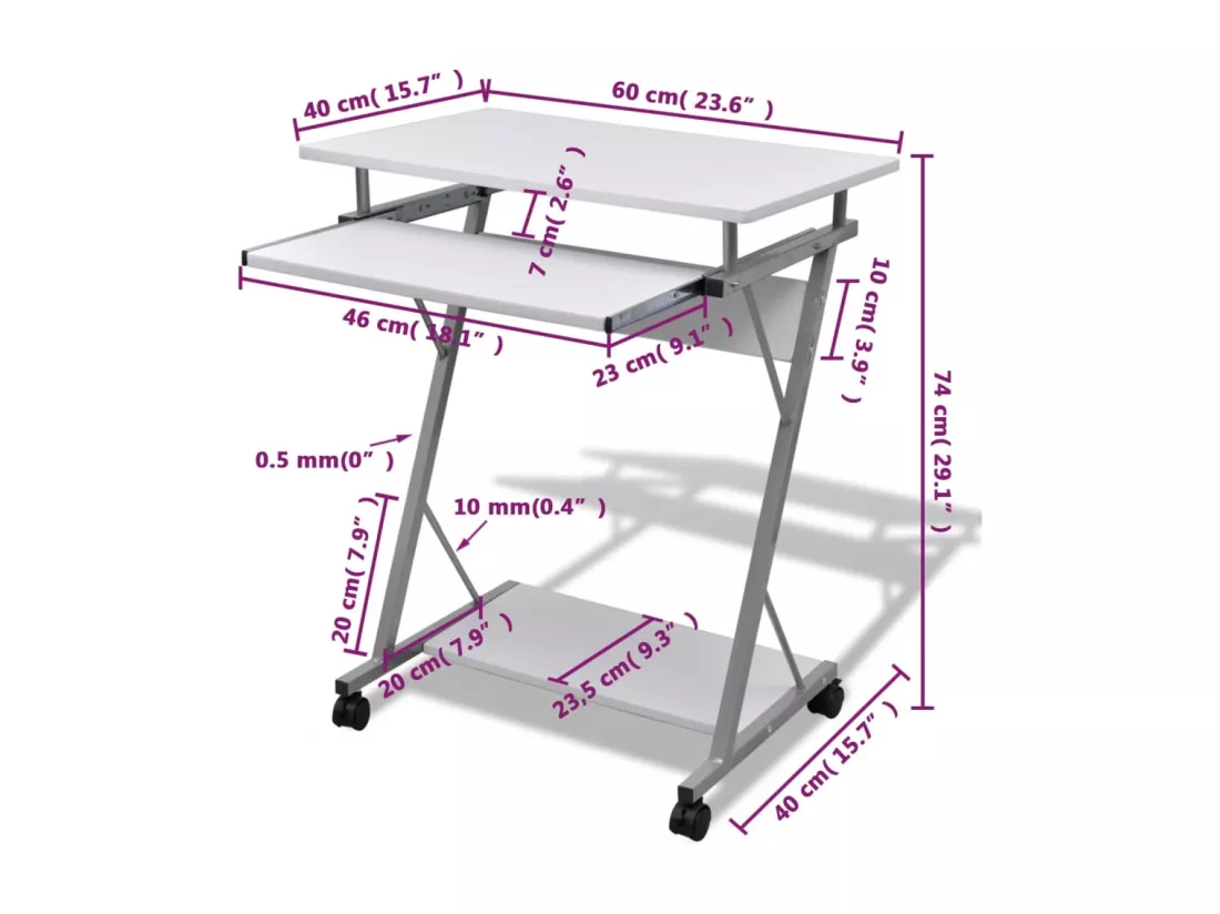 Bureau d'ordinateur compact avec plateau à clavier Blanc