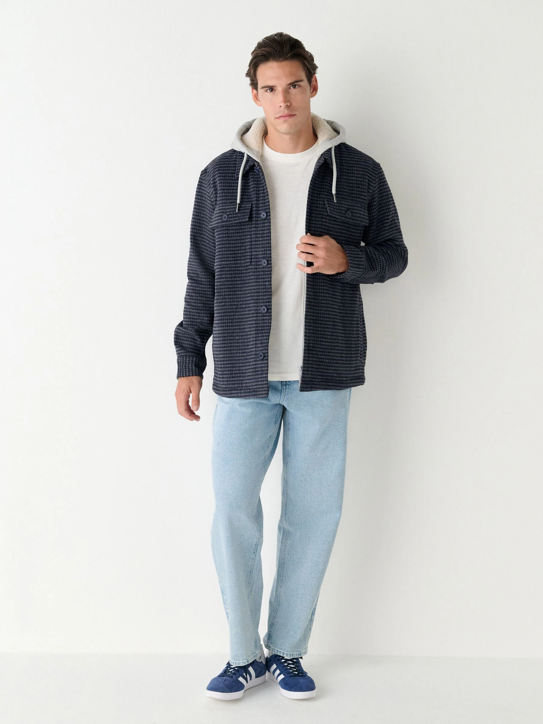 Blauw - Borg gevoerd ruit overshirt met capuchon