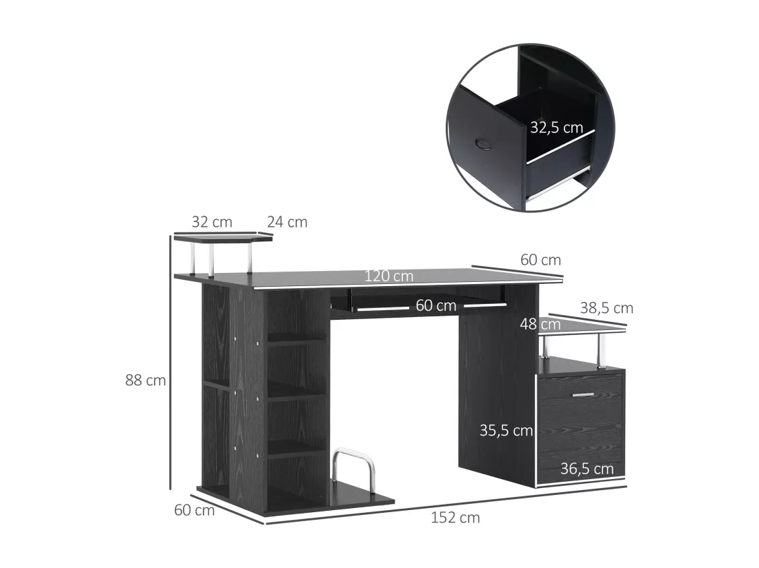 Bureau pour ordinateur table meuble pc informatique en MDF noir