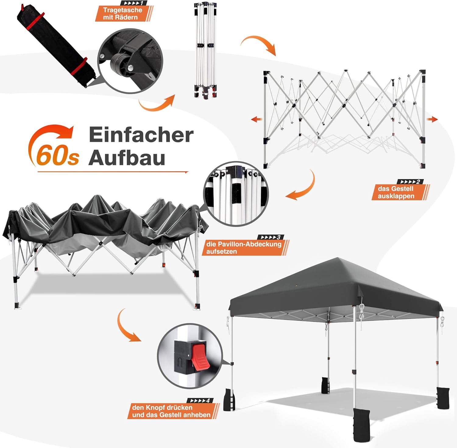 Pop up Pavillon 3x3 Wasserdicht Stabil Winterfest, Faltpavillon mit Gewichte, Pavillon Faltbar Höhenverstellbar mit Tasche mit Rollen, Partyzelt UV Schutz 50+, Gartenzelt, Dunkelgrau