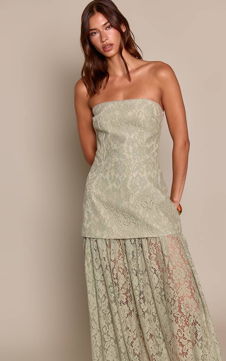 Vert Sauge Robe Midaxi Bustier À Panneau De Jupe En Dentelle Transparente
