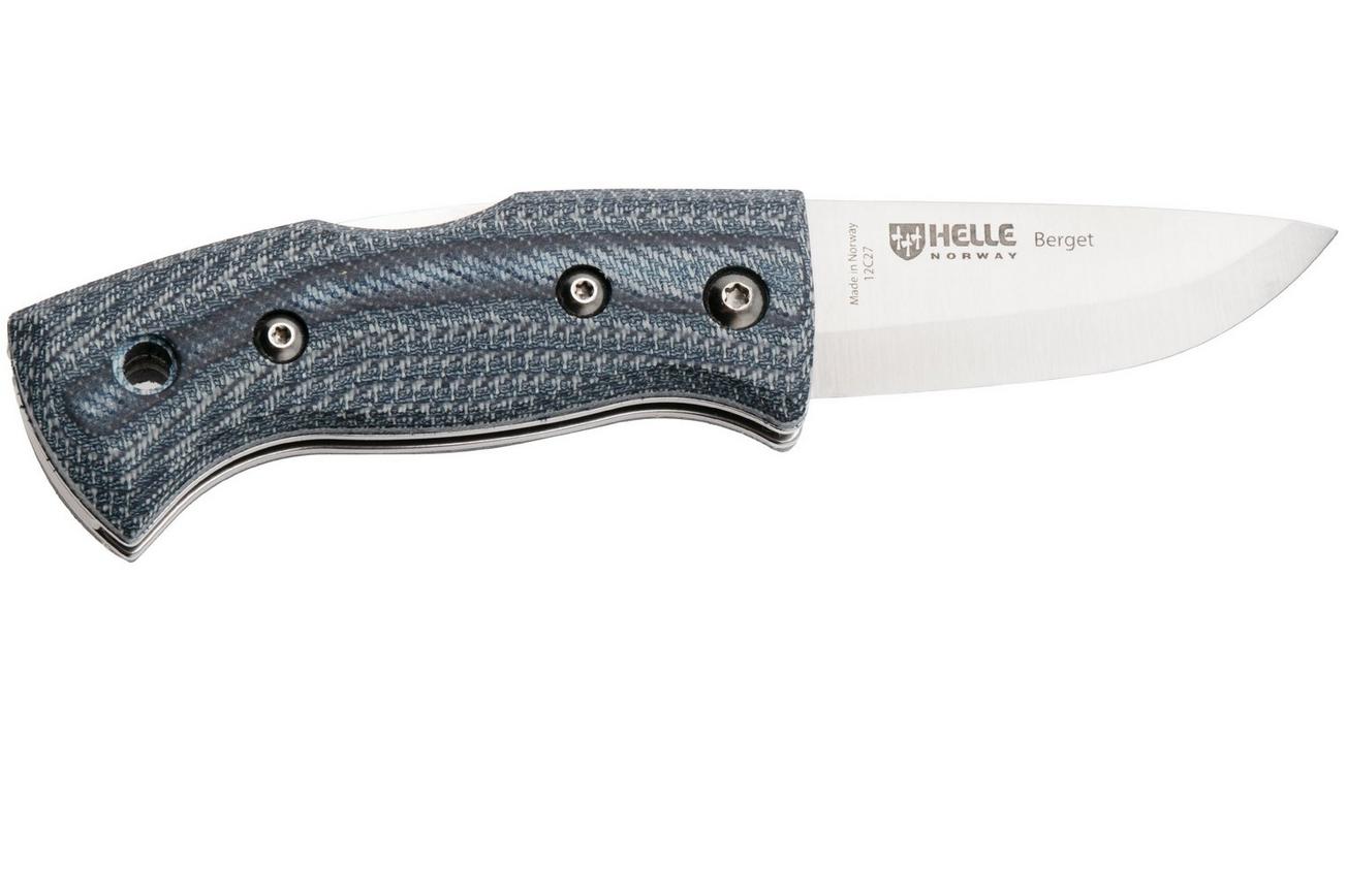 Helle 761 Berget, 2002763, Satin Sandvik 12C27, Denim Micarta bushcraft zakmes