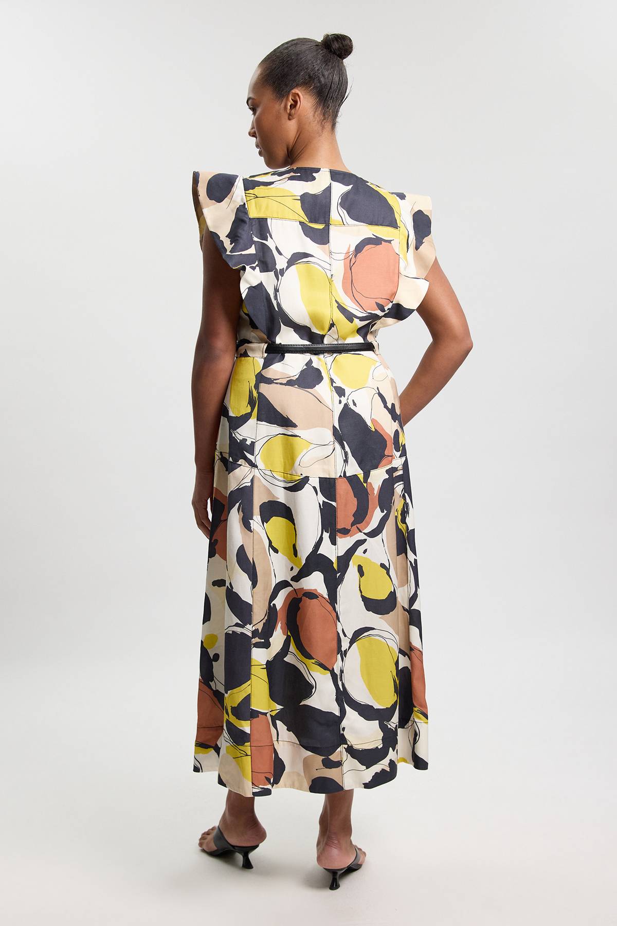 KarenMillen Robe Midi Grande Taille En Viscose Lin Tissé À Imprimé Abstrait Et Manches À Volants