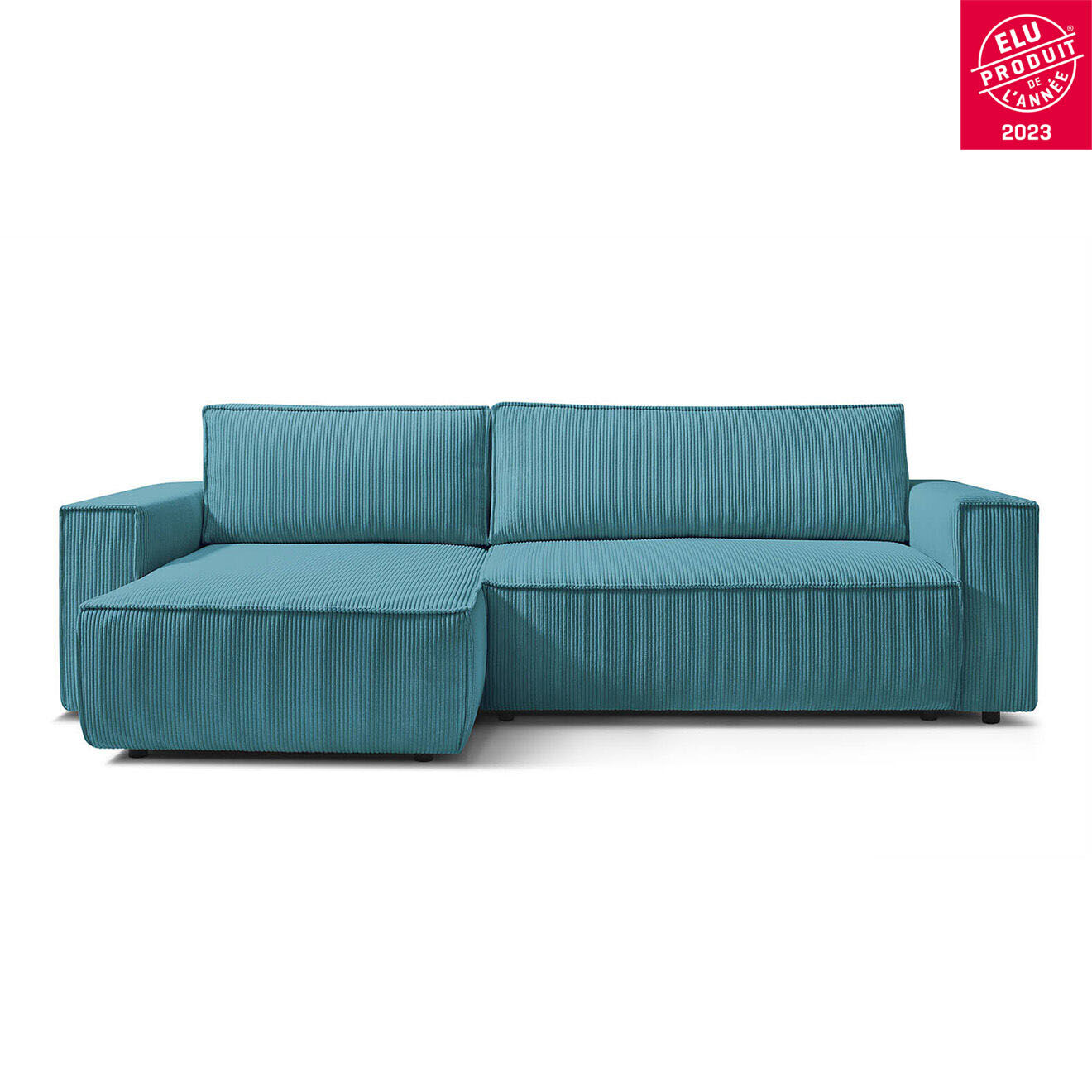 Bobochic Canapé d'angle convertible reversible Nihad en velours côtelé bleu foncé - 282x153 cm