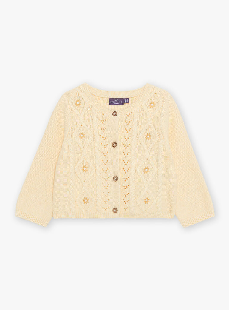 Cardigan en tricot ajouré et torsadé jaune pastel