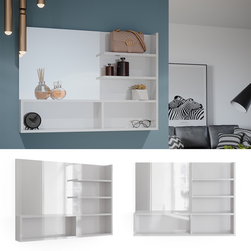 Vicco Spiegelregal Weiß Hochglanz 89,8 x 65 cm, moderner Badspiegel mit Ablagen