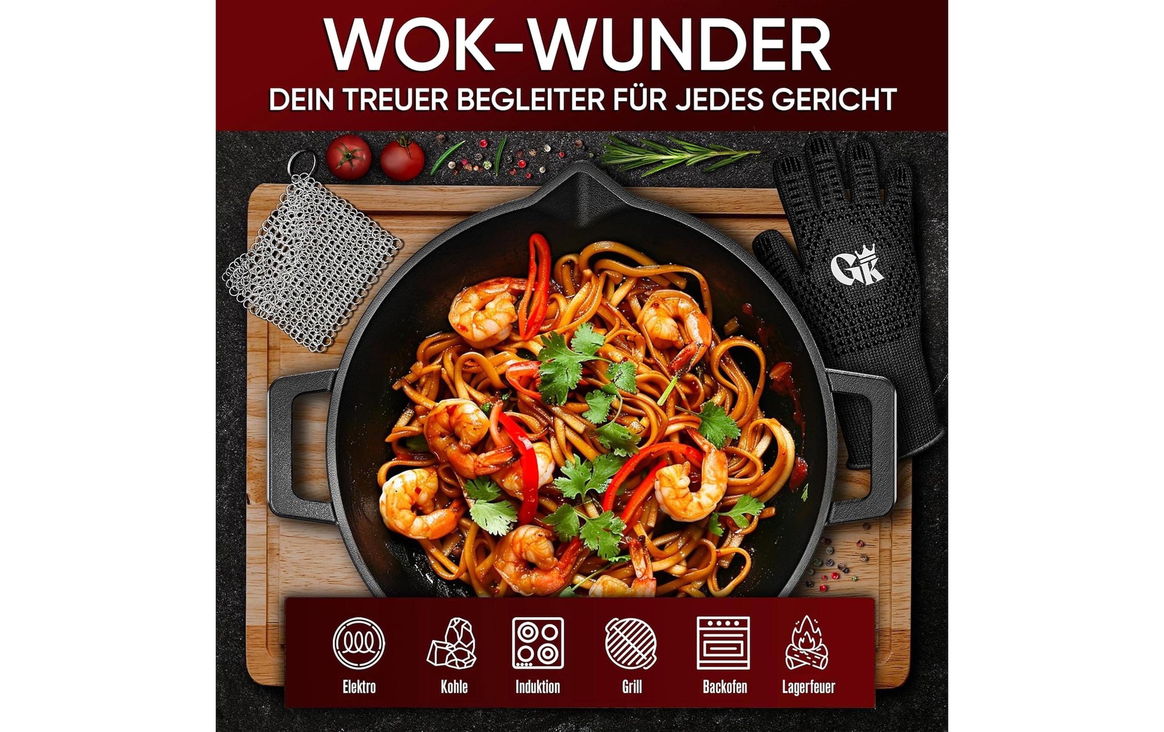 Wok »Gusskoenig Gusseisen-Wok mit Ringreiniger und Handschuhen« Gusseisen