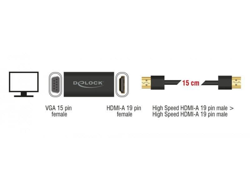 Delock Adapterkabel HDMI, VGA Metalgehäuse, Schwarz Zum Anschluss eines VGA-Monitors über HDMI