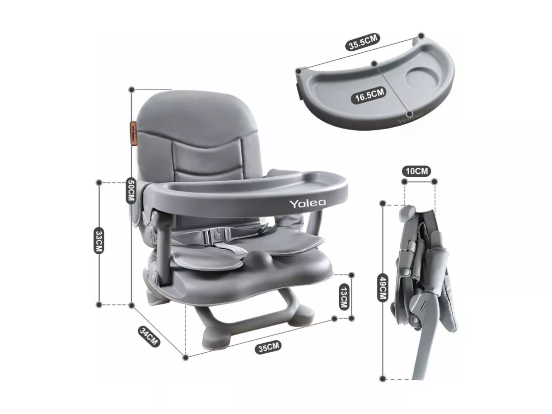 YOLEO Réhausseur Chaise Enfant Pliable,Chaise Haute Bébé Portable,Bébé Chaise repas en Hauteur Réglable,Plateau Amovible,6 mois à 3 ans,Gris avec Coussin
