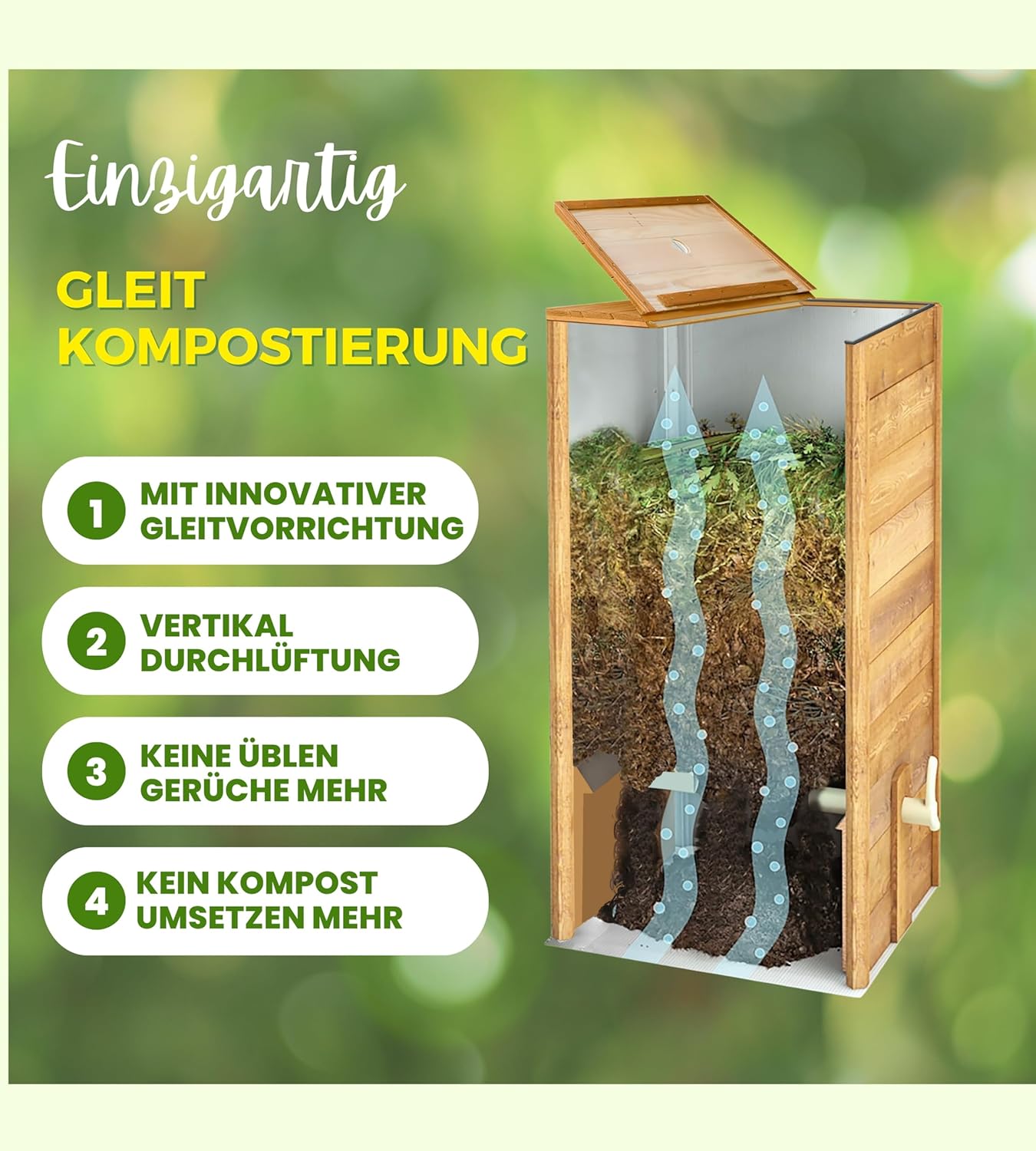 Holz Komposter Rattensicher mit Deckel, Schädlingsschutz, Durchlüftungsgitter und Boden, Gleit-Technik Kompostieren ohne üblen Gerüche, kein Umsetzen mehr, 340 L