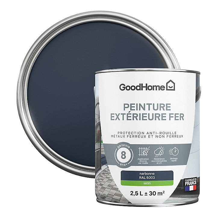 Peinture extérieure métal GoodHome Narbonne bleu RAL 5003 satin 2.5L