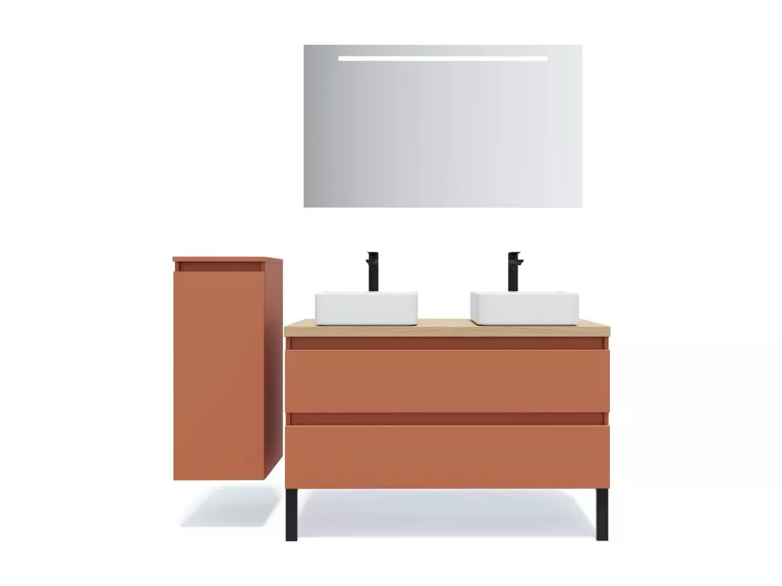 Meuble de salle de bain suspendu 2 vasques à poser 120cm 2 tiroirs Terracotta - Hudson