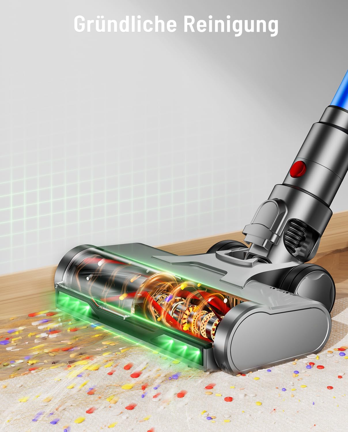 Akku Staubsauger, 50KPA/600W/70Mins Staubsauger Kabellos mit Selbststehend, 1,8L Großer Staubbecher, Anti-Tangle-Bürste, 8-stufiges Filtersystem Grünes Licht für Hartböden Teppiche Tierhaare